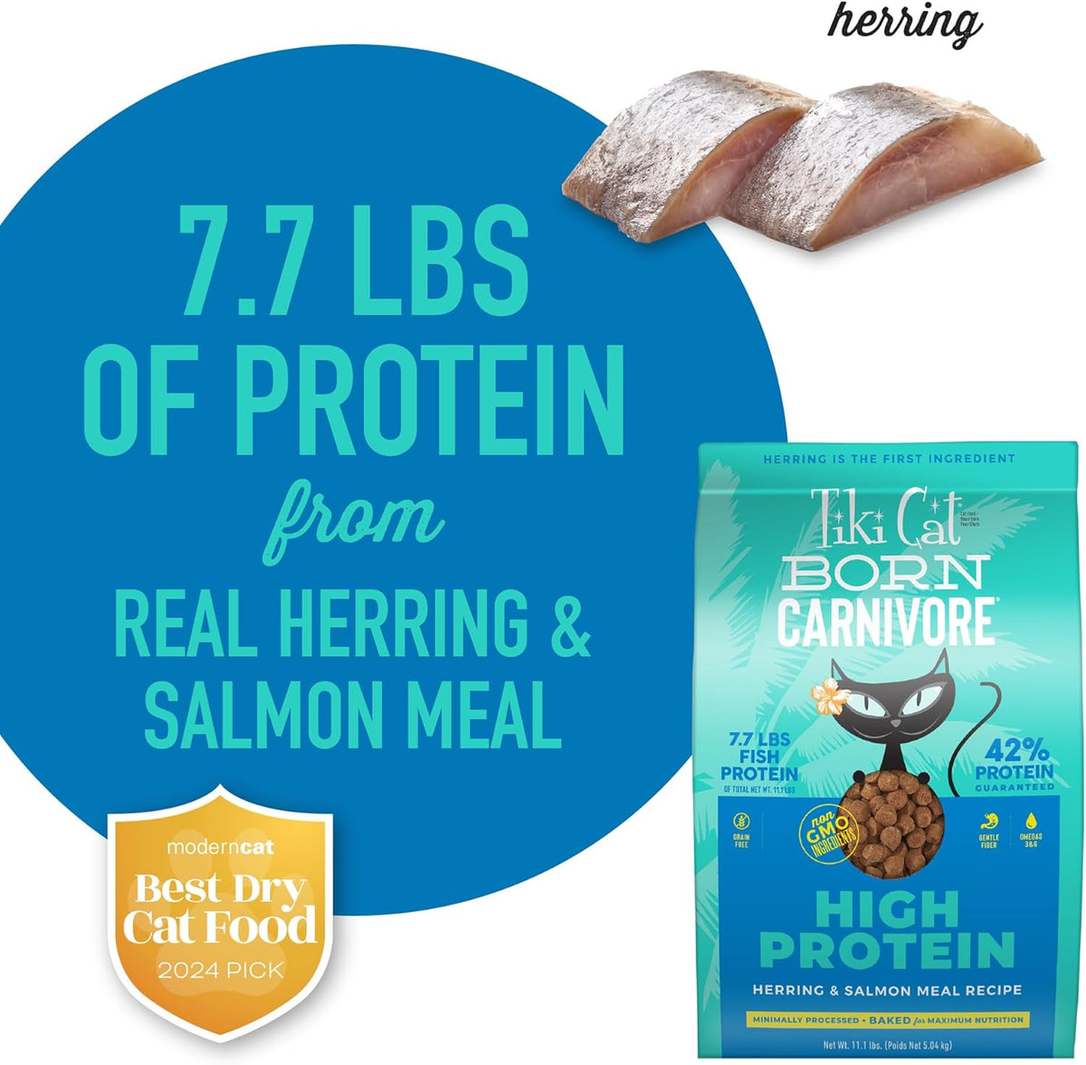 Tiki Cat Born Carnivore High Protein Dry Cat Food, Herring & Salmon Meal, 11.1 Lbs. Bag