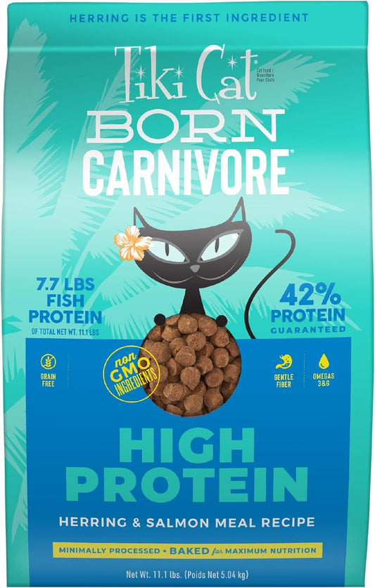 Tiki Cat Born Carnivore High Protein Dry Cat Food, Herring & Salmon Meal, 11.1 Lbs. Bag