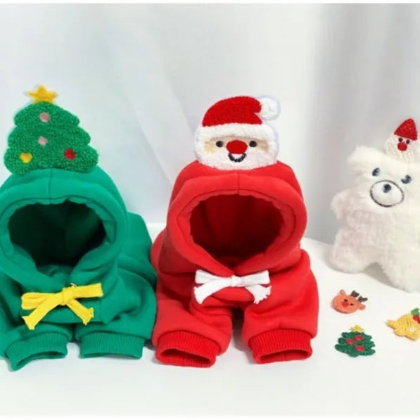 Christmas fleece dog hoodie with Santa and tree pattern